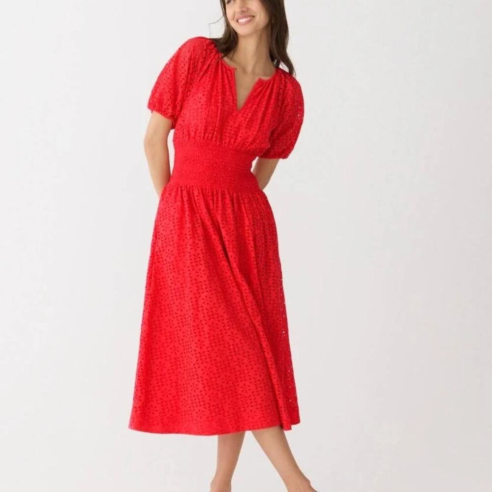 J.Crew Provence Red Smocked-Waist Midi Dress In Eyelet LARGE EUC